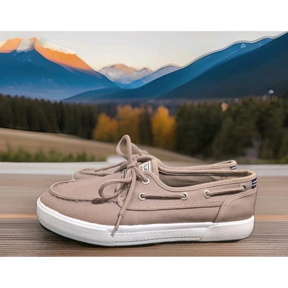 NAUTICA SPINNAKER TWILL TAN/BEIGE BOAT SHOES MEN'S SIZE  8.5 M VGUC